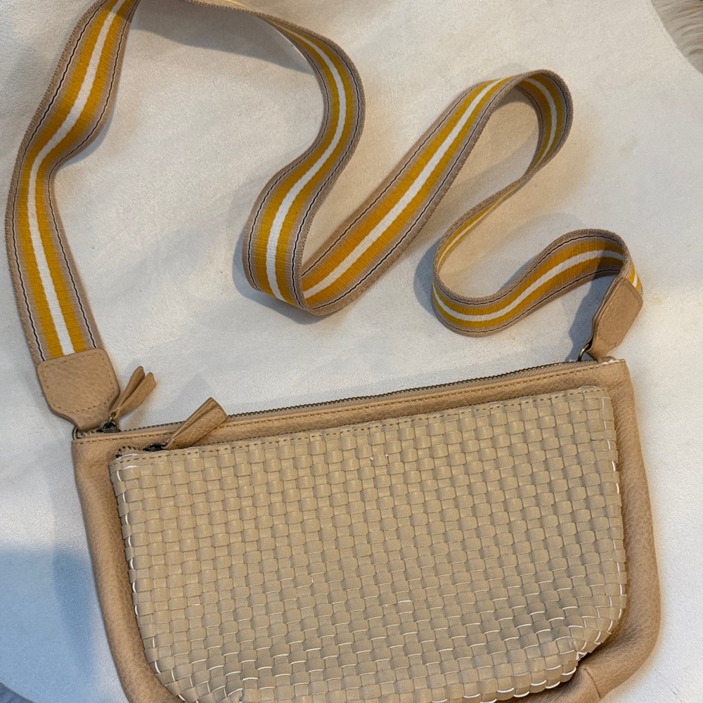 Anthropologie Beige Woven Crossbody with Yellow-Striped Strap